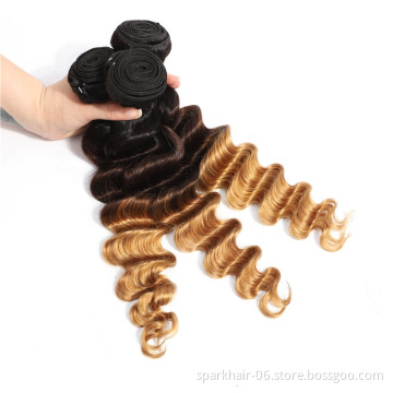 3 Bundles SPARK Ombre Brazilian Human Hair Weaving for Black Women 1B/4/27 Virgin Remy Hair Extension Honey Blonde Deep Wave